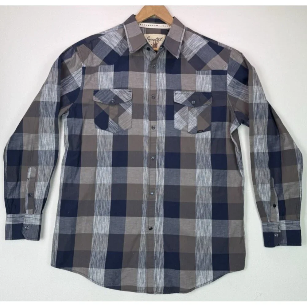 COASTAL Plaid Pearl Snap Button Down Long Sleeve‎ Shirt Blue Gray Mens EUC Sz XL